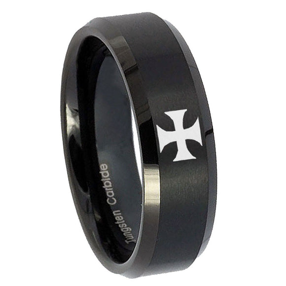 8mm Maltese Cross Beveled Edges Brush Black Tungsten Men's Engagement Ring
