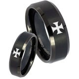 His Hers Maltese Cross Beveled Edges Brush Black Tungsten Wedding Band Ring Set