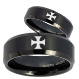 His Hers Maltese Cross Beveled Edges Brush Black Tungsten Wedding Band Ring Set