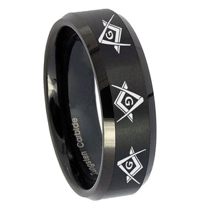 8mm Master Mason Masonic  Beveled Edges Brush Black Tungsten Mens Promise Ring