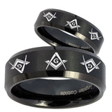 His Hers Master Mason Masonic  Beveled Brush Black Tungsten Mens Ring Set