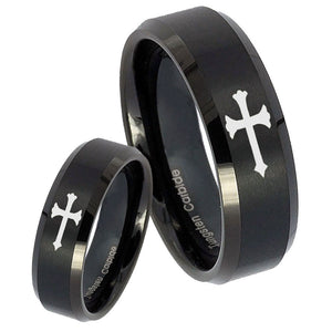 His Hers Christian Cross Beveled Brush Black Tungsten Wedding Ring Set