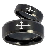 His Hers Christian Cross Beveled Brush Black Tungsten Wedding Ring Set