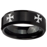 8mm 4 Maltese Cross Beveled Edges Brush Black Tungsten Carbide Rings for Men