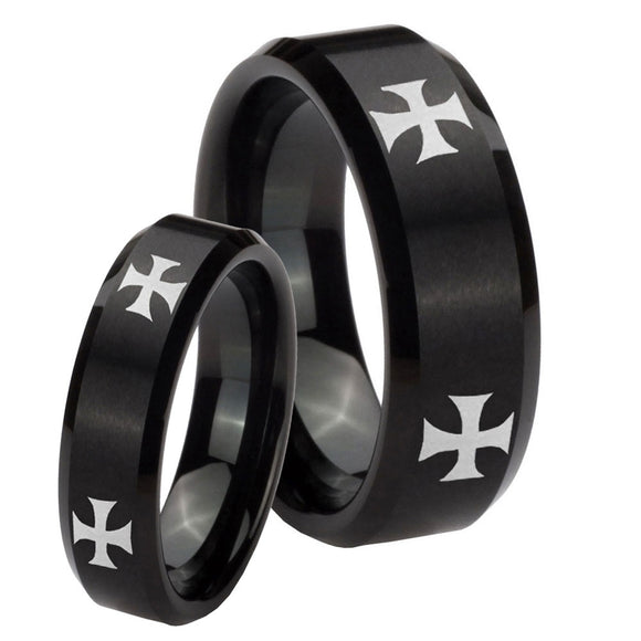 His Hers 4 Maltese Cross Beveled Edges Brush Black Tungsten Men's Ring Set