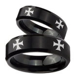 His Hers 4 Maltese Cross Beveled Edges Brush Black Tungsten Men's Ring Set