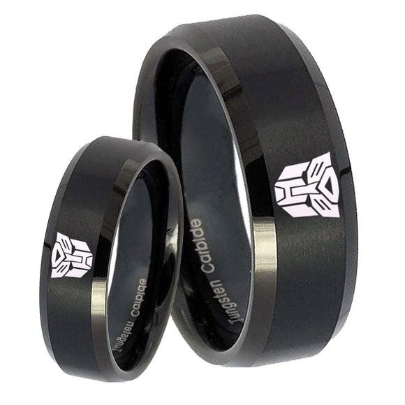 His Hers Transformers Autobot Beveled Brush Black Tungsten Mens Ring Set