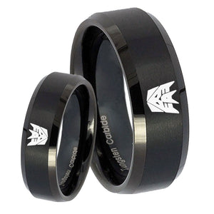 His Hers Decepticon Transformers Beveled Brush Black Tungsten Mens Band Set