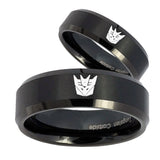 His Hers Decepticon Transformers Beveled Brush Black Tungsten Mens Band Set