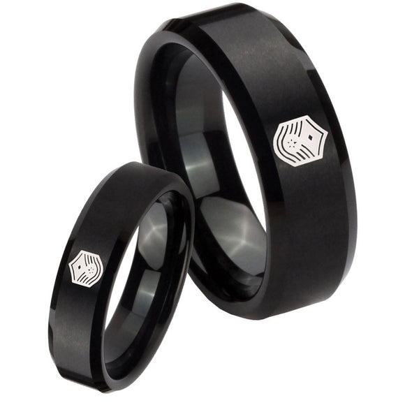 His Hers Chief Master Sergeant Vector Beveled Brush Black Tungsten Wedding Ring Set