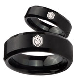 His Hers Chief Master Sergeant Vector Beveled Brush Black Tungsten Wedding Ring Set