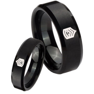 His Hers Army Sergeant Major Beveled Brush Black Tungsten Wedding Bands Ring Set