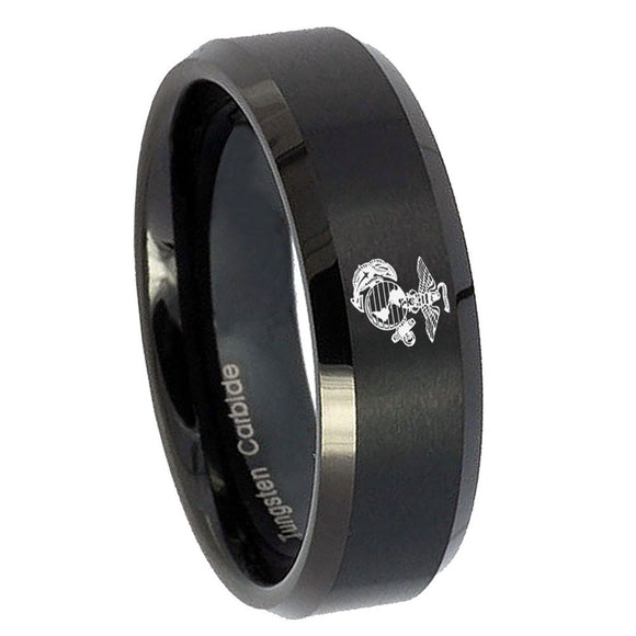 8mm Marine Beveled Edges Brush Black Tungsten Carbide Men's Band Ring