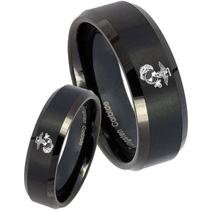 His Hers Marine Beveled Edges Brush Black Tungsten Mens Wedding Ring Set