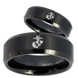 His Hers Marine Beveled Edges Brush Black Tungsten Mens Wedding Ring Set