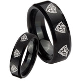 His Hers Multiple CTR Beveled Edges Brush Black Tungsten Bands Ring Set