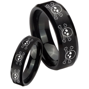 His Hers Multiple Skull Beveled Edges Brush Black Tungsten Men's Ring Set