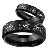 His Hers Multiple Skull Beveled Edges Brush Black Tungsten Men's Ring Set