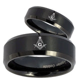 His Hers Master Mason Beveled Edges Brush Black Tungsten Men's Wedding Band Set