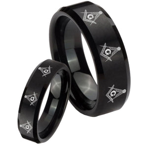 His Hers Multiple Master Mason Beveled Brush Black Tungsten Custom Mens Ring Set