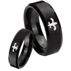 His Hers Fleur De Lis Beveled Edges Brush Black Tungsten Custom Ring for Men Set