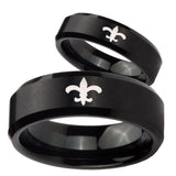 His Hers Fleur De Lis Beveled Edges Brush Black Tungsten Custom Ring for Men Set