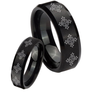 His Hers Multiple Crosses Beveled Edges Brush Black Tungsten Engagement Ring Set