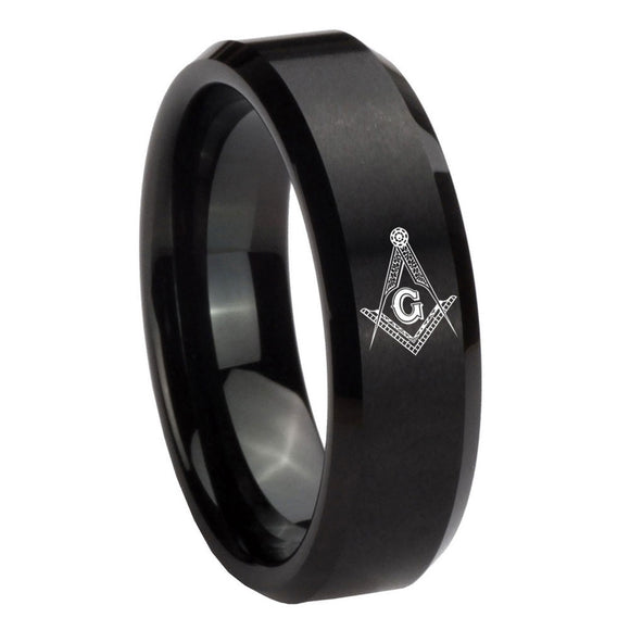 10mm Master Mason Masonic Beveled Edges Brush Black Tungsten Men's Wedding Ring