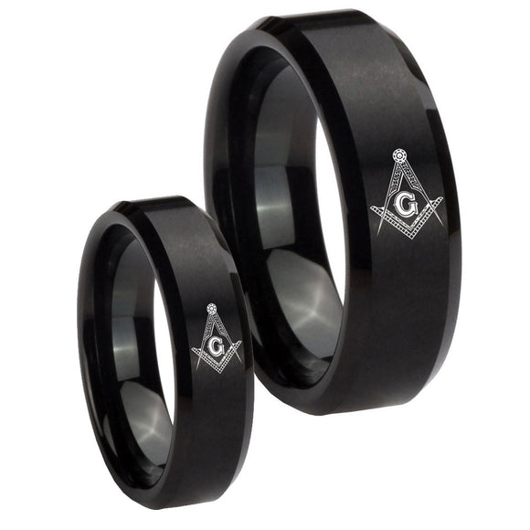 His Hers Master Mason Masonic Beveled Edges Brush Black Tungsten Engraved Ring Set