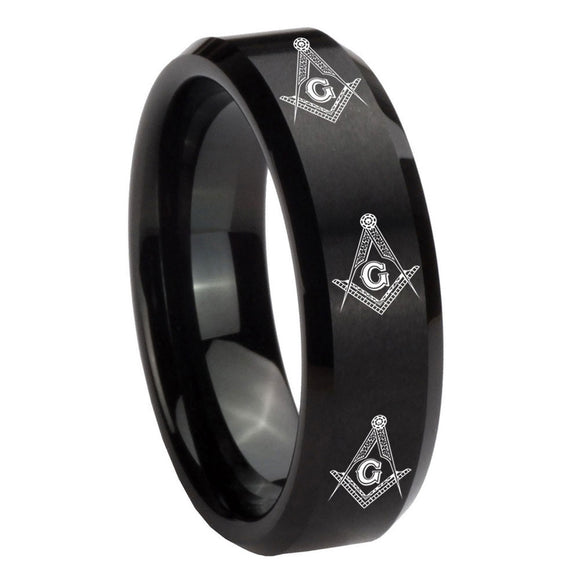 8mm Multiple Master Mason Masonic Beveled Brush Black Tungsten Mens Wedding Ring