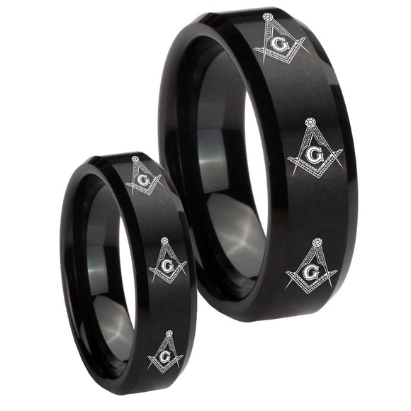 His Hers Multiple Master Mason Masonic Beveled Brush Black Tungsten Men Band Set