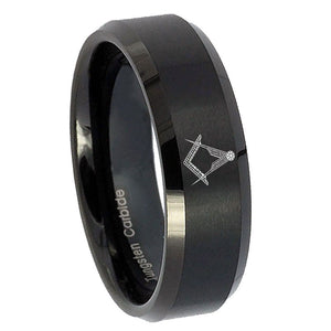 8mm Masonic Beveled Edges Brush Black Tungsten Carbide Mens Ring