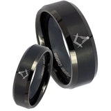 His Hers Masonic Beveled Edges Brush Black Tungsten Wedding Engraving Ring Set