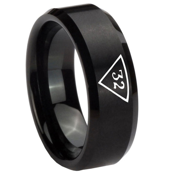 8mm Masonic 32 Triangle Freemason Beveled Edges Brush Black Tungsten Carbide Wedding Band Mens