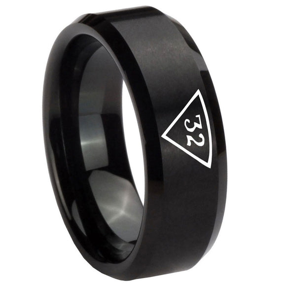 10mm Masonic 32 Triangle Freemason Beveled Edges Brush Black Tungsten Carbide Wedding Band Ring