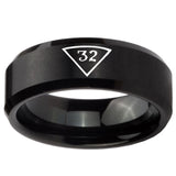 8mm Masonic 32 Triangle Freemason Beveled Edges Brush Black Tungsten Carbide Wedding Band Mens