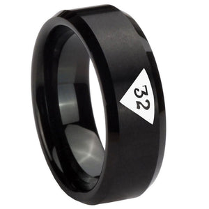 8mm Masonic 32 Triangle Design Freemason Beveled Edges Brush Black Tungsten Carbide Wedding Band Mens