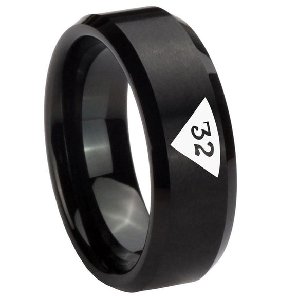 10mm Masonic 32 Triangle Design Freemason Beveled Edges Brush Black Tungsten Carbide Wedding Band Ring