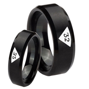 His Hers Masonic 32 Triangle Design Freemason Beveled Edges Brush Black Tungsten Mens Engagement Band Set