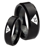 His Hers Masonic 32 Triangle Design Freemason Beveled Edges Brush Black Tungsten Mens Engagement Band Set