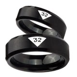 His Hers Masonic 32 Triangle Design Freemason Beveled Edges Brush Black Tungsten Mens Engagement Band Set