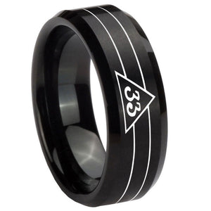 8mm Masonic 32 Duo Line Freemason Beveled Edges Brush Black Tungsten Carbide Wedding Band Mens