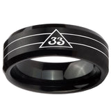 8mm Masonic 32 Duo Line Freemason Beveled Edges Brush Black Tungsten Carbide Wedding Band Mens