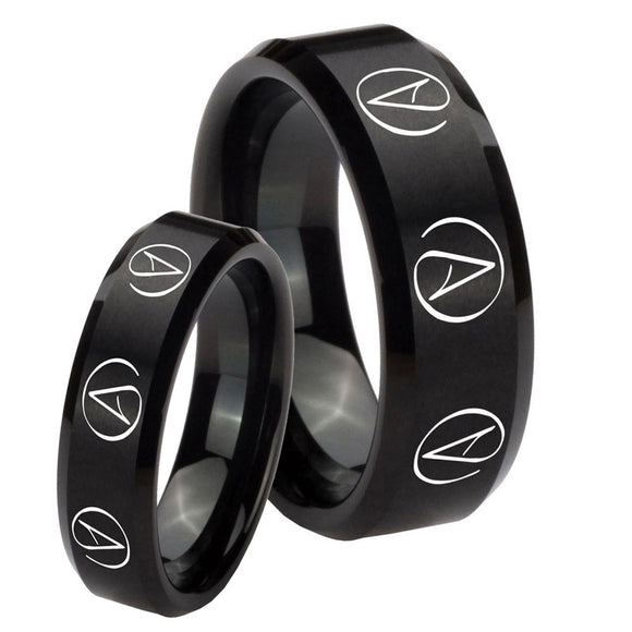 His Hers Atheist Design Beveled Brush Black Tungsten Wedding Ring Set