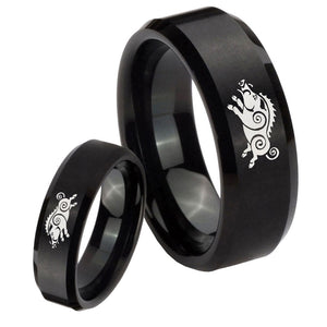 His Hers Wild Boar Beveled Edges Brush Black Tungsten Rings Set