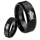 His Hers Wild Boar Beveled Edges Brush Black Tungsten Rings Set