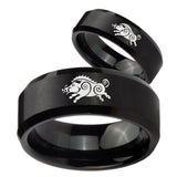 His Hers Wild Boar Beveled Edges Brush Black Tungsten Rings Set