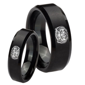 His Hers Masonic 32 Degree Freemason Beveled Edges Brush Black Tungsten Mens Engagement Band Set