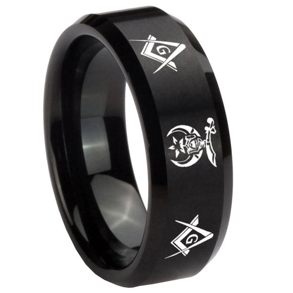 8mm Masonic Shriners Beveled Edges Brush Black Tungsten Men's Engagement Ring