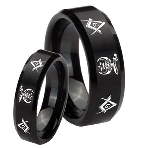 His Hers Masonic Shriners Beveled Edges Brush Black Tungsten Mens Ring Set